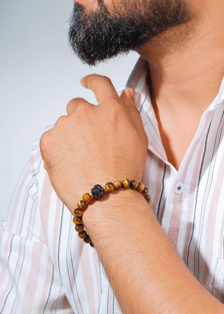 Prosperity Skull – Tiger Eye & Black Onyx Stretch Bracelet : AB10823