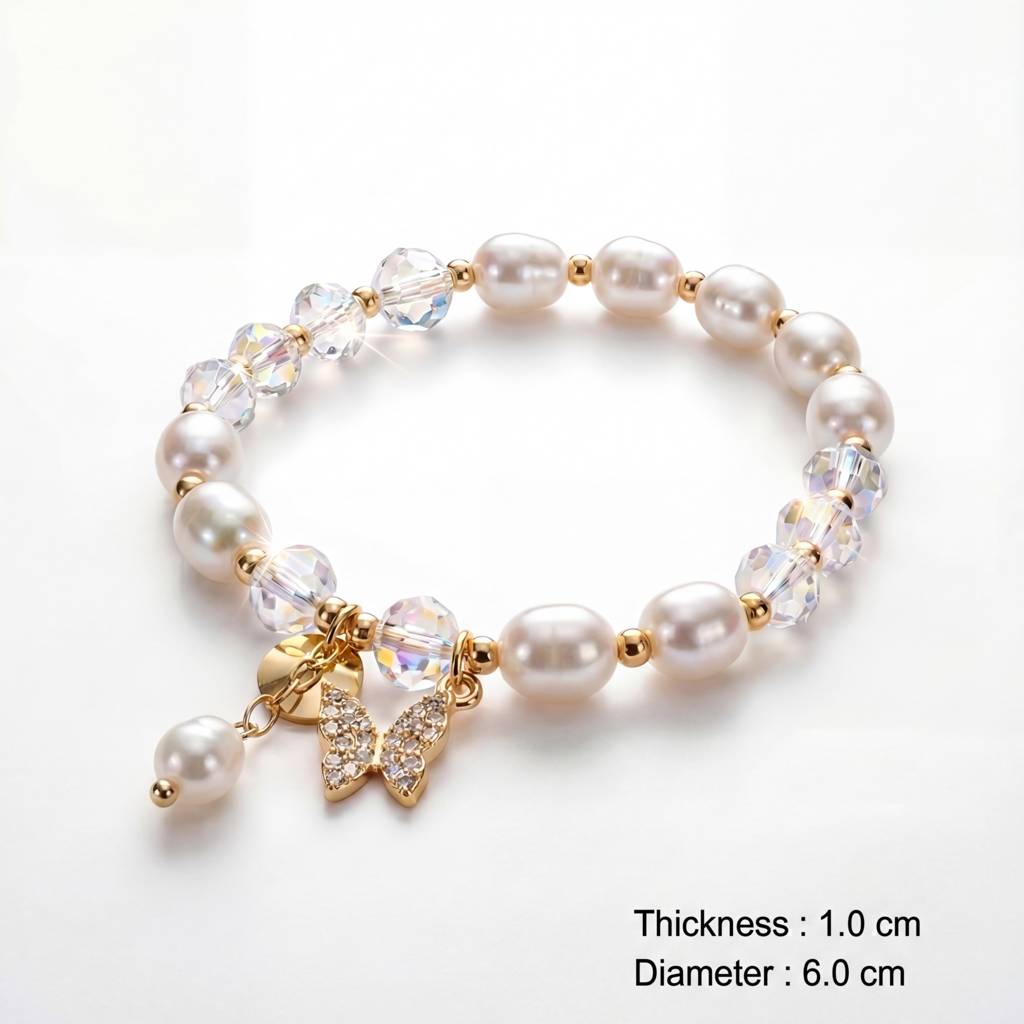 Korean Golden Glow Cultured Pearl & Crystal Butterfly Bracelet : YUFSBR212