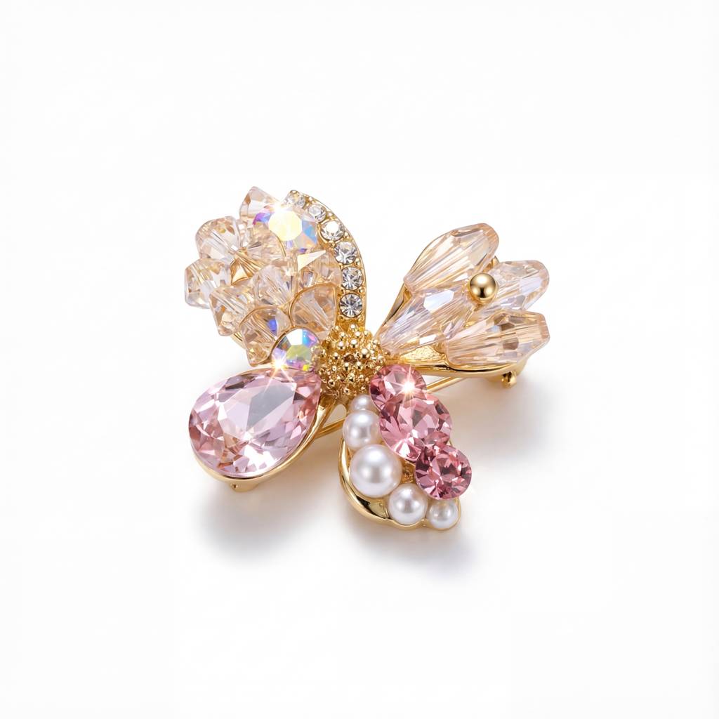Korean Golden Blossom Crystal & Pearl Brooch : YUFSBH004