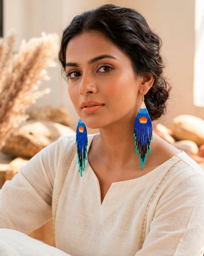 Rising Sun In Blue Colour Fringe Beaded Earrings For Women And Girls : 25