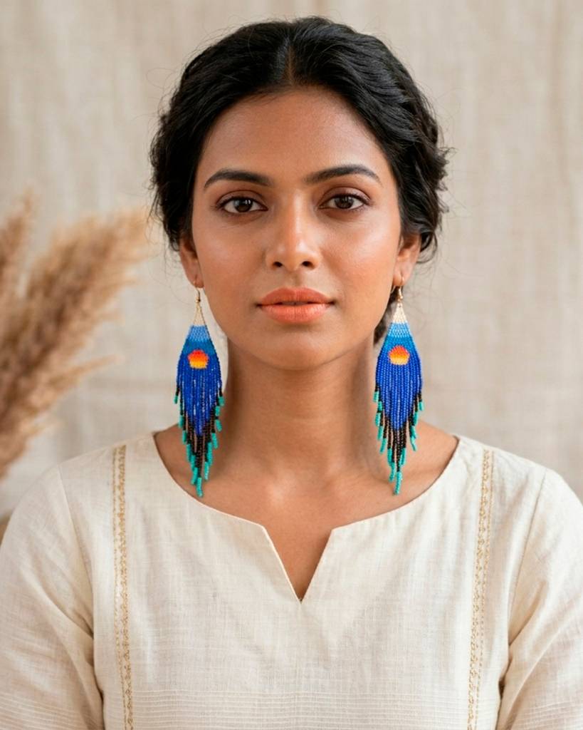 Rising Sun In Blue Colour Fringe Beaded Earrings For Women And Girls : 25