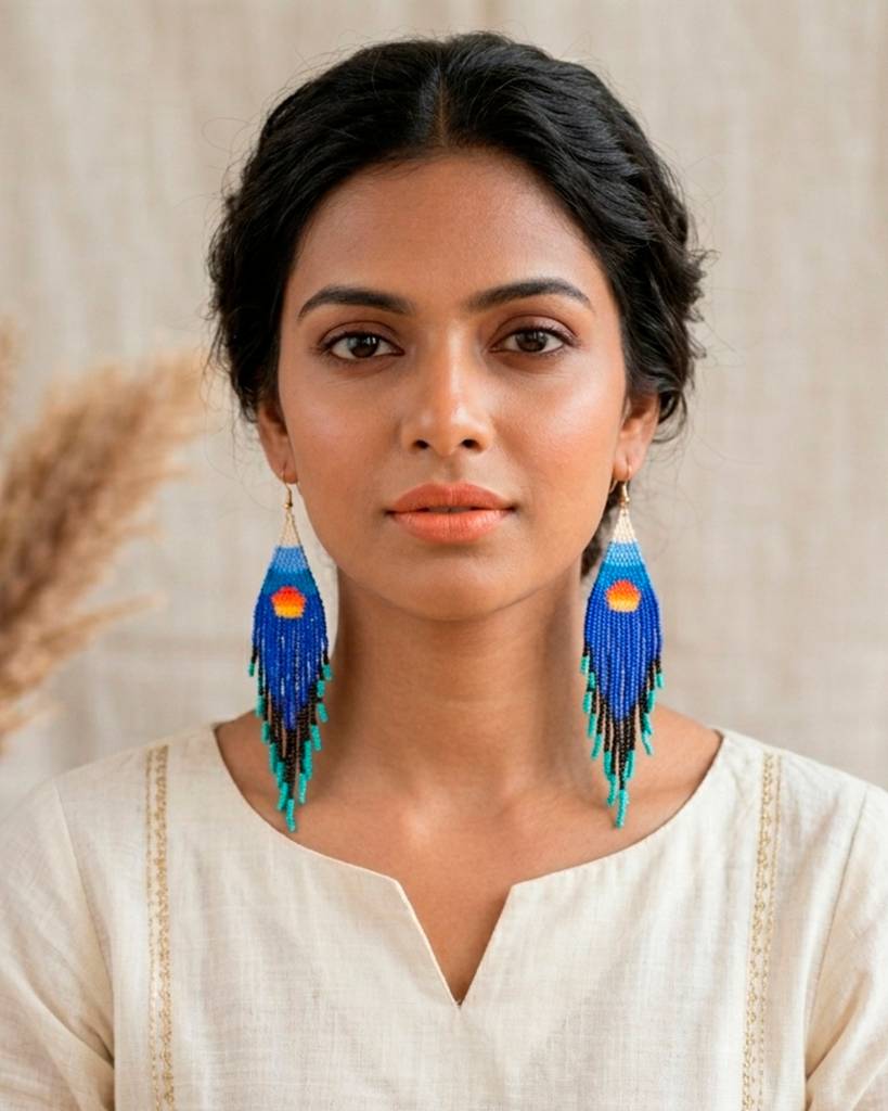 Rising Sun In Blue Colour Fringe Beaded Earrings For Women And Girls : 25