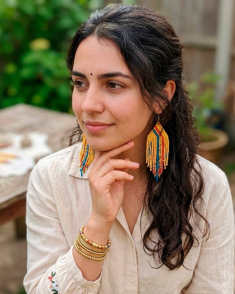 Rainbow And Beige Colour Fringe Beaded Earrings For Women And Girls : 28