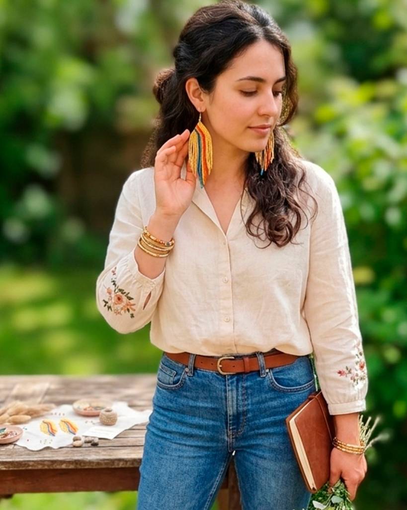 Rainbow And Beige Colour Fringe Beaded Earrings For Women And Girls : 28