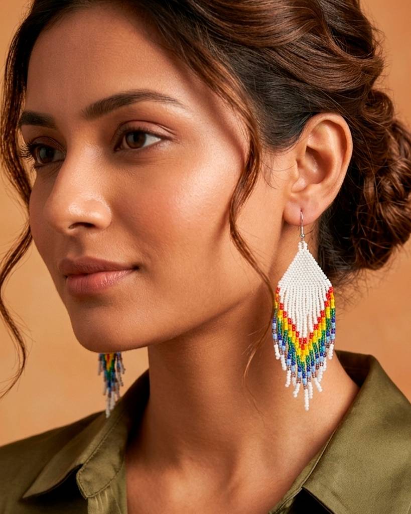 White And Rainbow Pattern Fringe Beaded Earrings For Women And Girls : 31