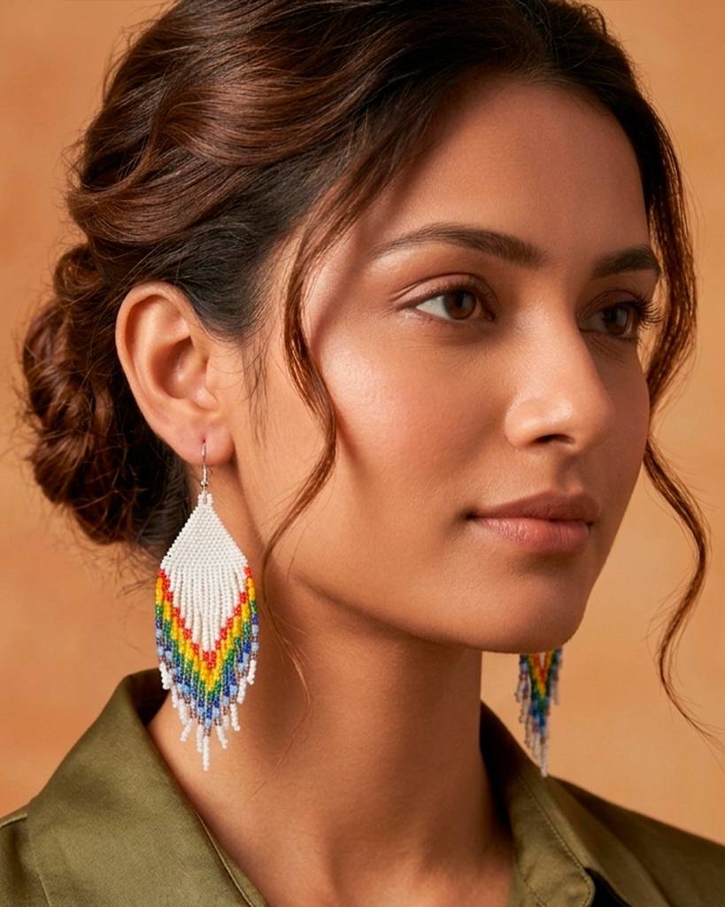 White And Rainbow Pattern Fringe Beaded Earrings For Women And Girls : 31