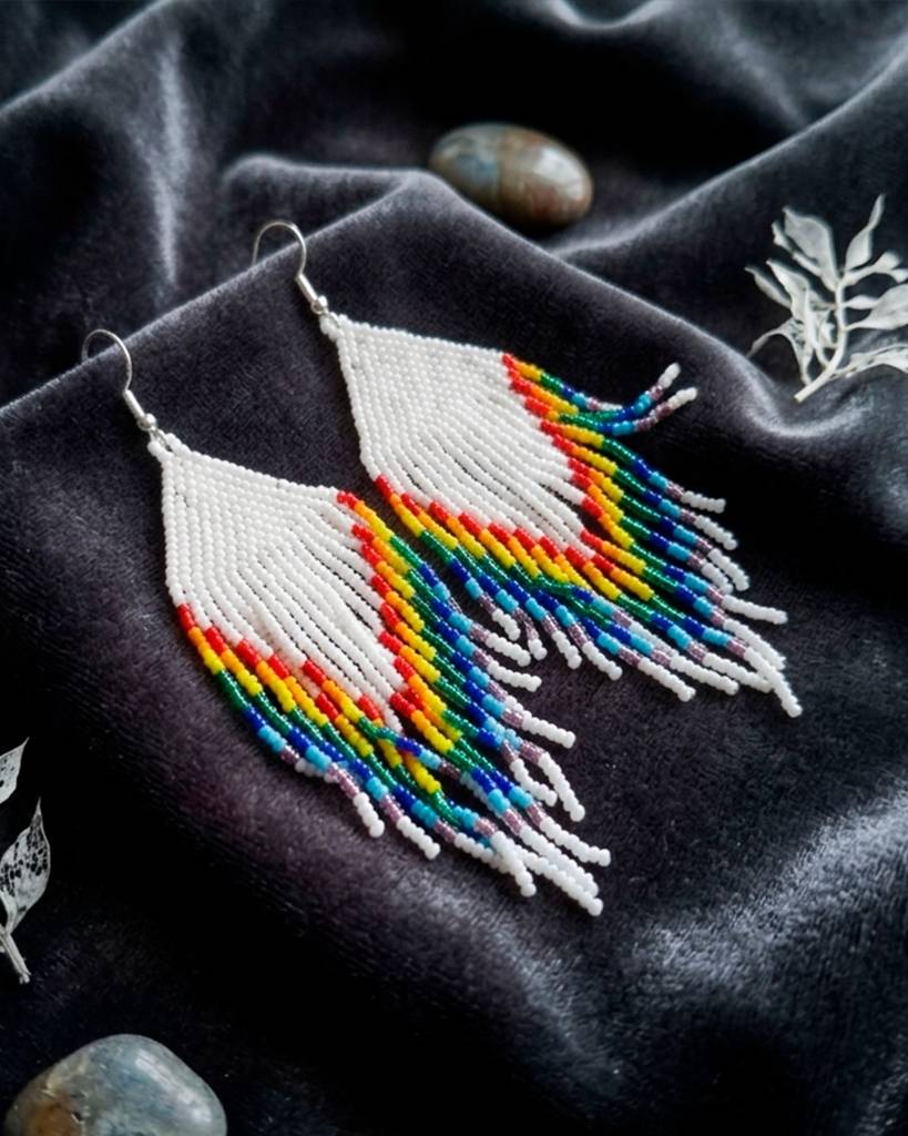 White And Rainbow Pattern Fringe Beaded Earrings For Women And Girls : 31