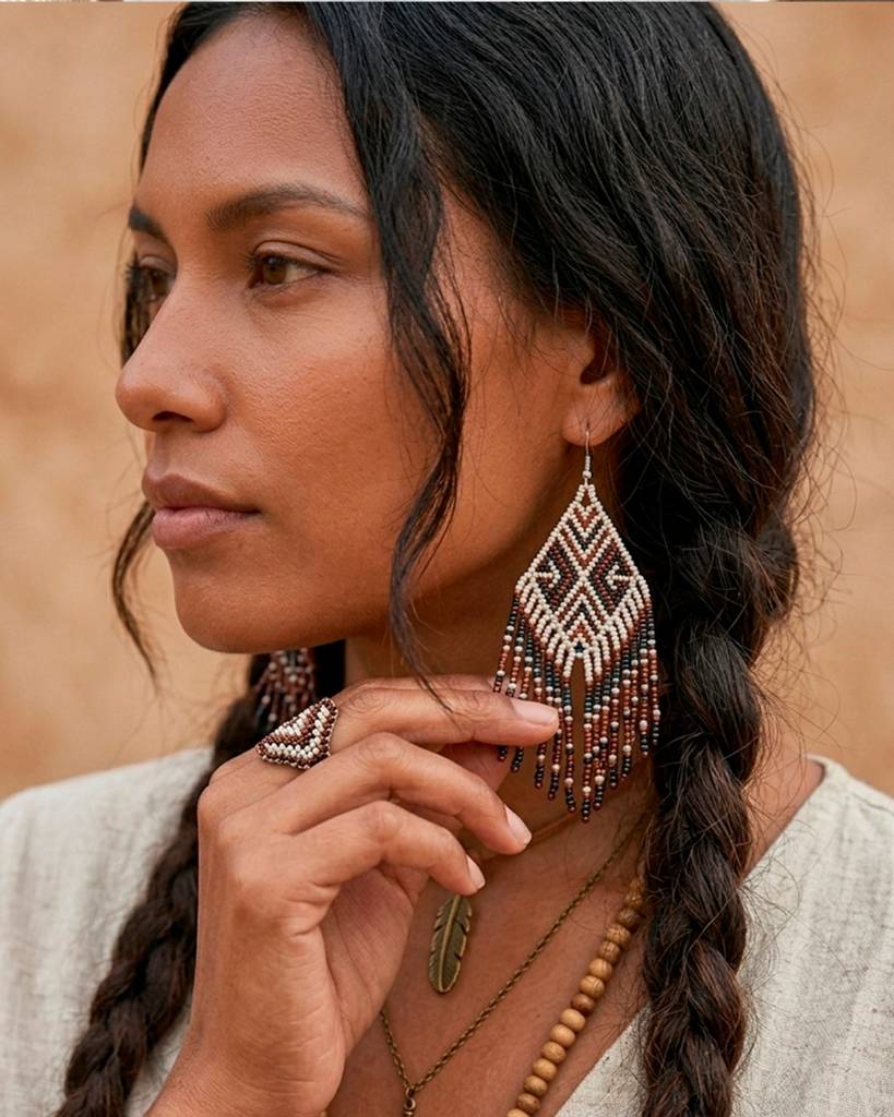 Tribal Design Beaded Fringe Earrings : 5