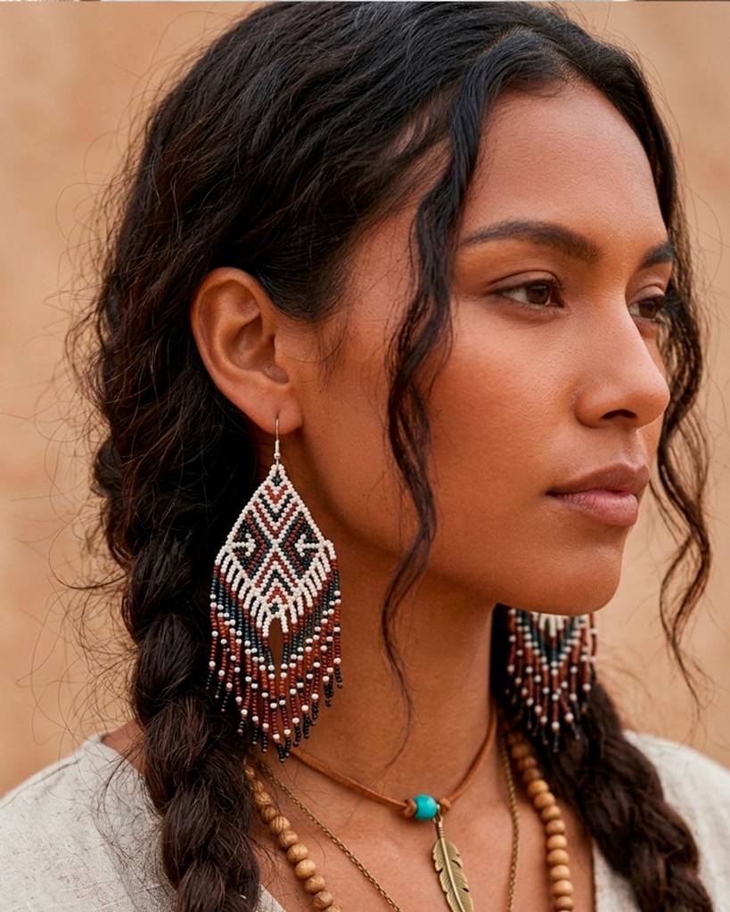 Tribal Design Beaded Fringe Earrings : 5