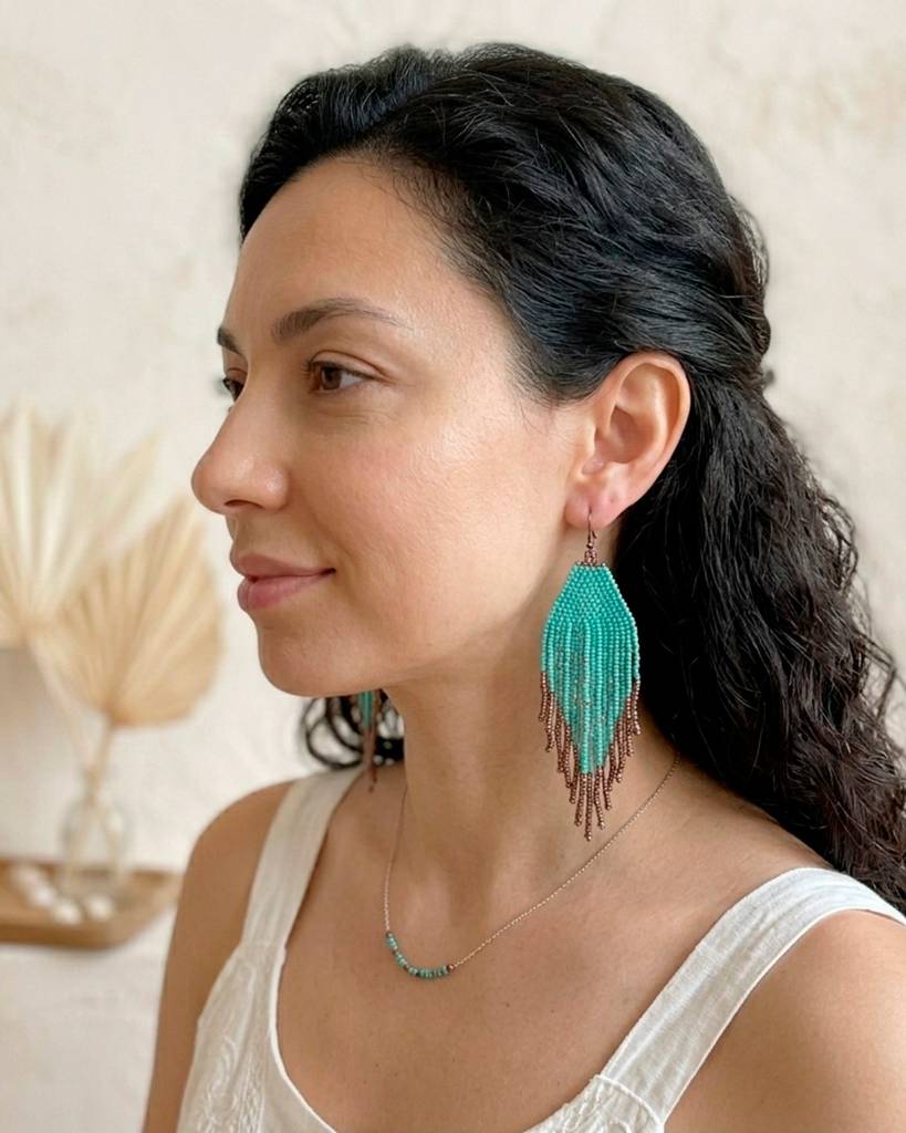 Teal Colour Fringe Beaded Lightweight Earrings For Women And Girls : 8