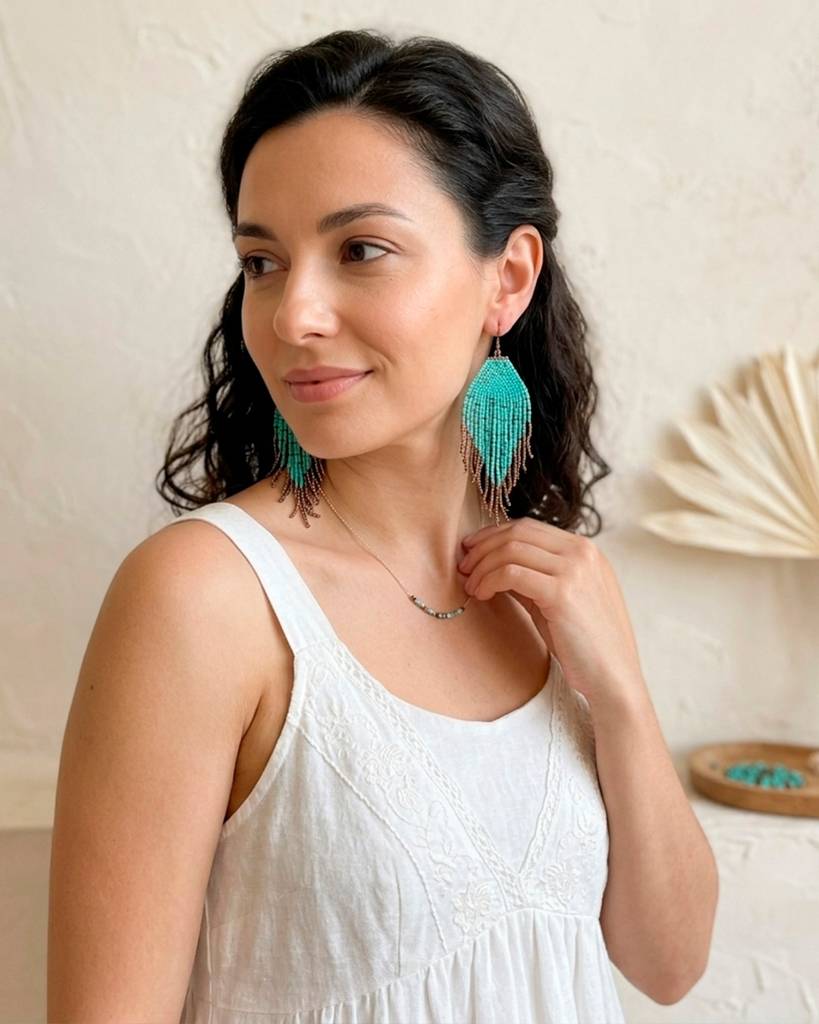 Teal Colour Fringe Beaded Lightweight Earrings For Women And Girls : 8