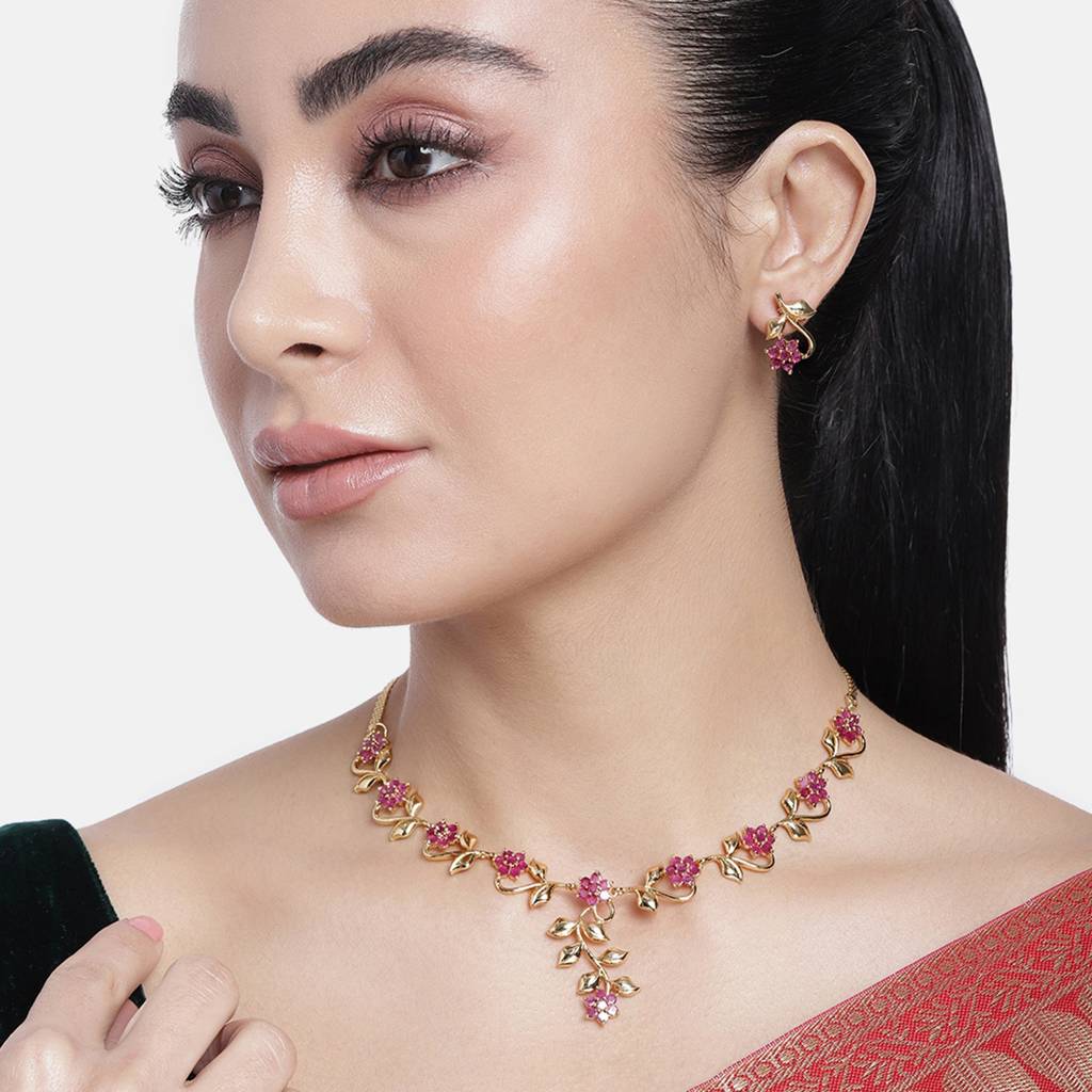 Estele Gold Plated Traditional Flower Designer Jewellery Set With Ruby Stones For Women : AD-405NKER