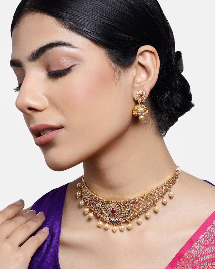 Estele Gold Plated Cz Dazzling Bridal Choker Necklace Set With Pearls For Women (Set Of 2) : AD-543-IGNKER
