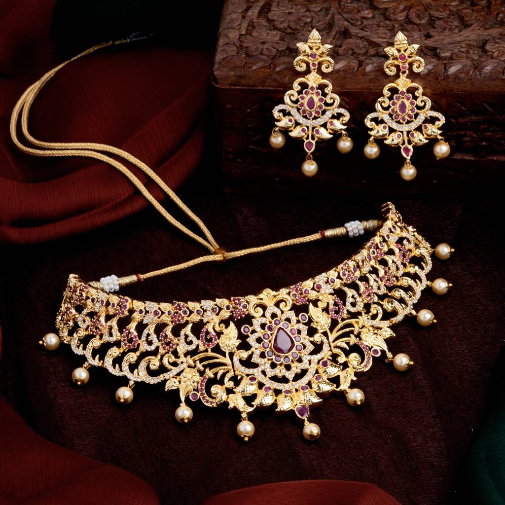 Estele Gold Plated Cz Magnificent Bridal Choker Necklace Set With Pearls For Women (Set Of 2) : AD-549B-IGNKER