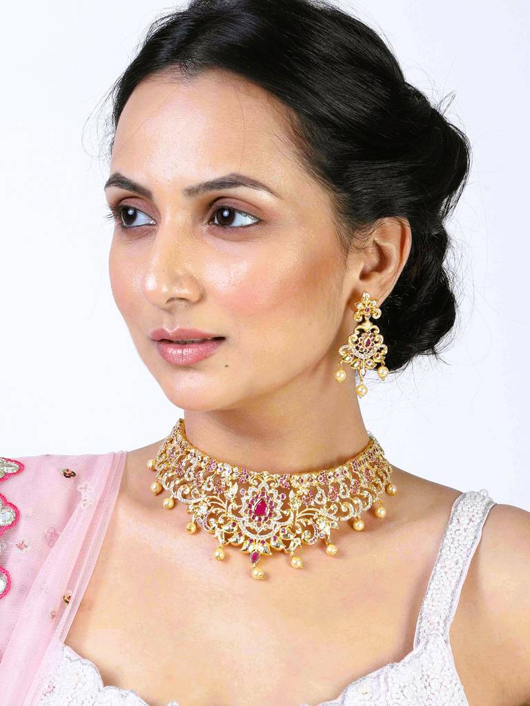 Estele Gold Plated Cz Magnificent Bridal Choker Necklace Set With Pearls For Women (Set Of 2) : AD-549B-IGNKER