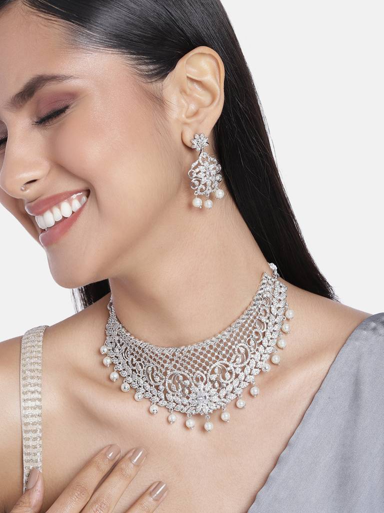 Estele Rhodium Plated Cz Bridal Choker Necklace Set With Crystals And Pearls For Women : AD-553B-IRNKER