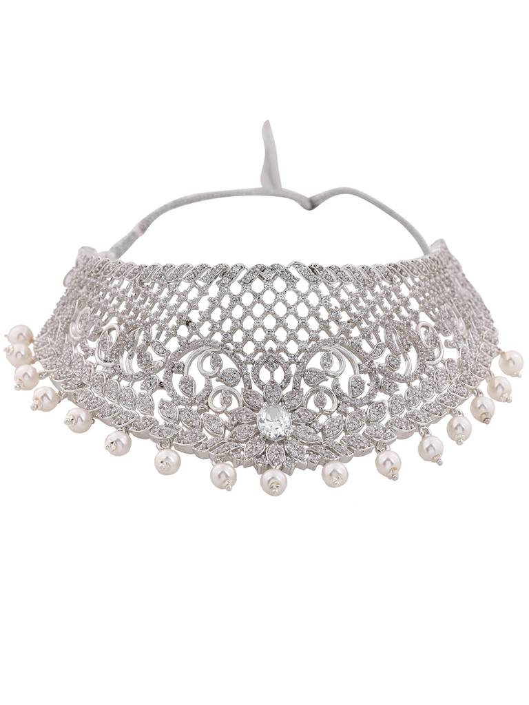 Estele Rhodium Plated Cz Bridal Choker Necklace Set With Crystals And Pearls For Women : AD-553B-IRNKER