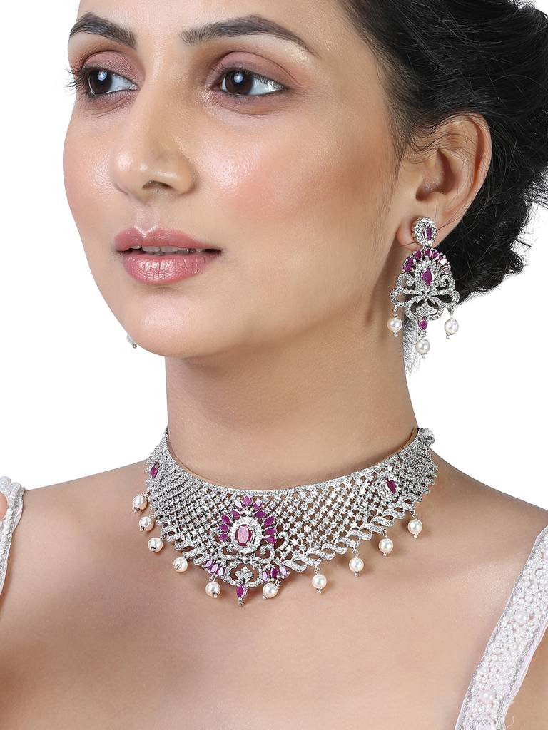 Estele Rhodium Plated Cz Traditional Bridal Choker Set With Pearls And Crystals For Women (Set Of 2) : AD-555-IRNKER