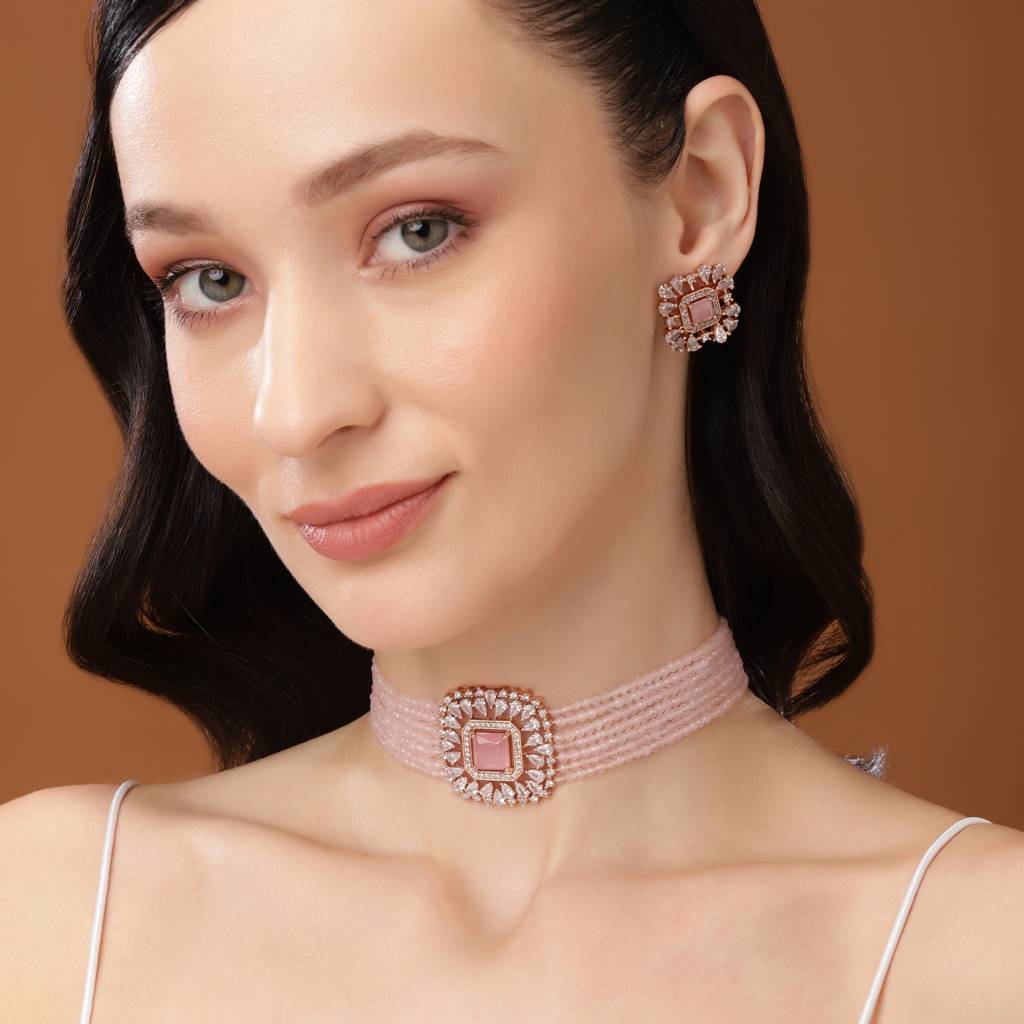 Estele Rose Gold Plated Cz Square Shaped Mint Pink Choker Necklace Set For Women : AD-562-RG-MPNKER