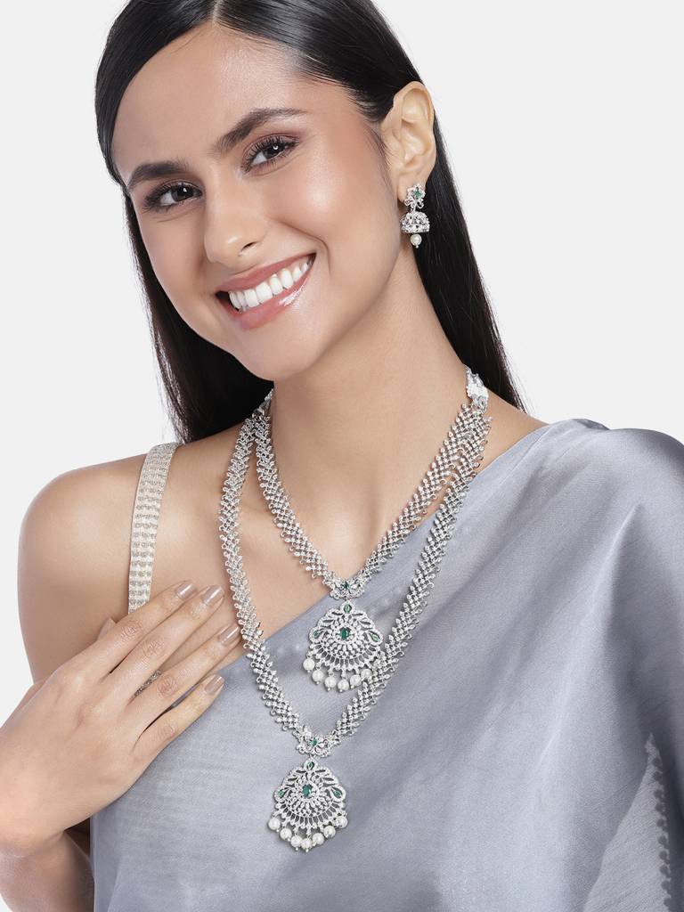 Estele Rhodium Plated Cz Fascinating Designer Bridal Necklace Set Combo For Women : AD-625-IRNKER