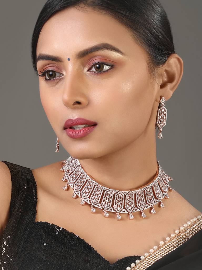 Estele Rose Gold Plated Lavish Luxe Designer Choker Style Necklace Set For Women : AD-635-RGNKER