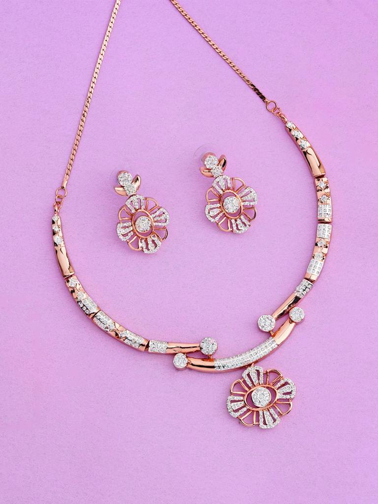 Estele Rose Gold Plated Cz Floral Designer Necklace Set For Women : AD-648-RGNKER