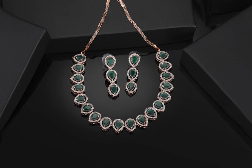 Estele Rose Gold Plated Cz Precious Pears Necklace Set With Green Crystals For Women : AD-678-RG-GNNKER