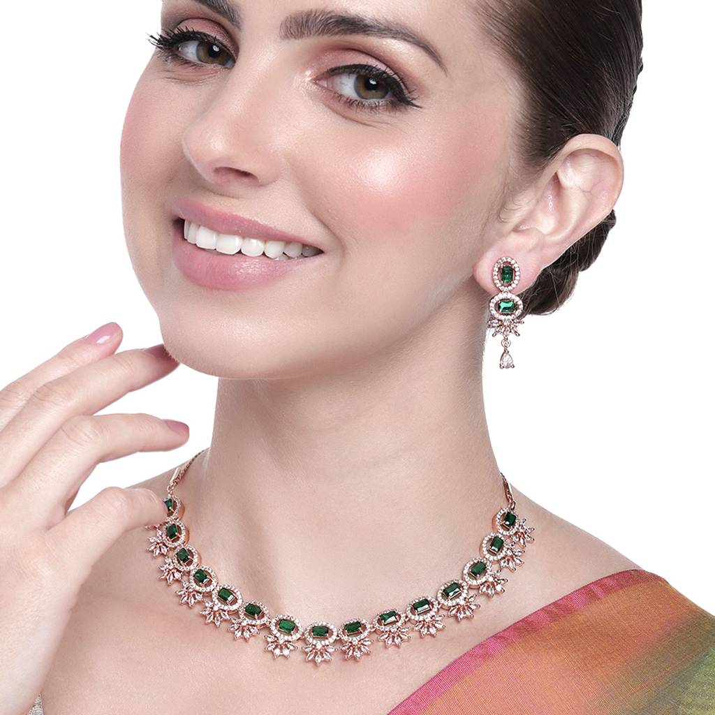 Estele Rose Gold Plated Cz Adorable Necklace Set With Green Stones For Women : AD-700-RG-GNNKER