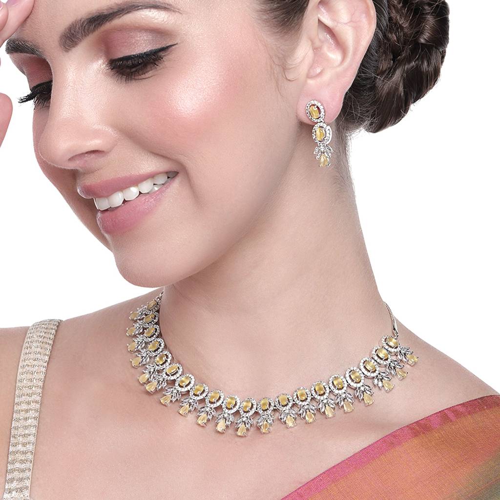 Estele Rhodium Plated Cz Exquisite Necklace Set With Mint Yellow Stones For Women : AD-701-IR-MYNKER