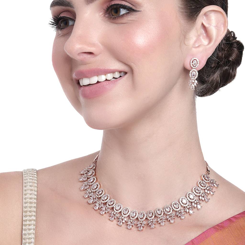 Estele Rose Gold Plated Cz Exquisite Necklace Set For Women : AD-701-RG-WENKER