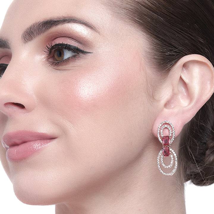 Estele Rose Gold Plated Cz Circular Designer Drop Earrings With Tourmaline Pink Stones For Women : AD-702-RG-TPERER