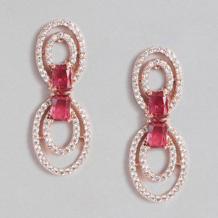 Estele Rose Gold Plated Cz Circular Designer Drop Earrings With Tourmaline Pink Stones For Women : AD-702-RG-TPERER