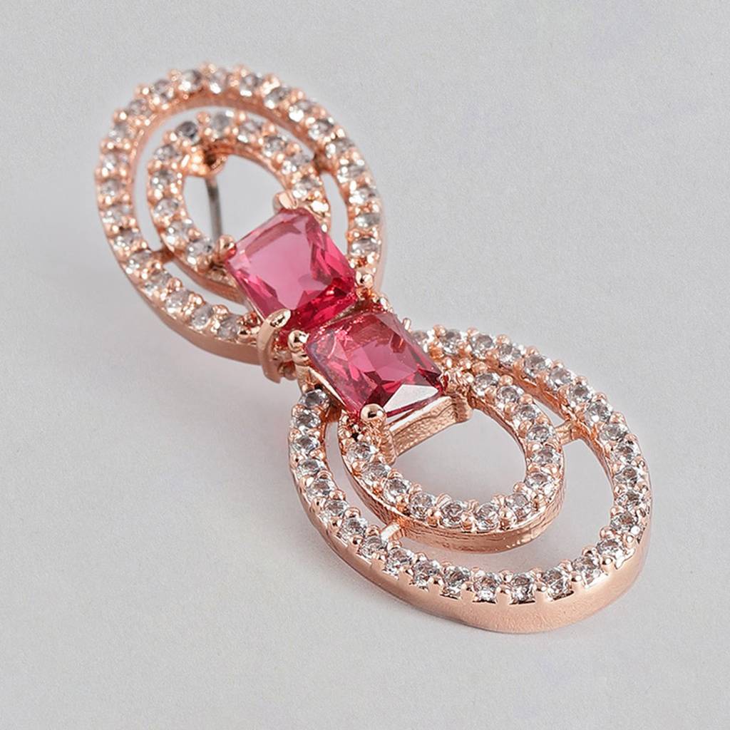 Estele Rose Gold Plated Cz Circular Designer Drop Earrings With Tourmaline Pink Stones For Women : AD-702-RG-TPERER