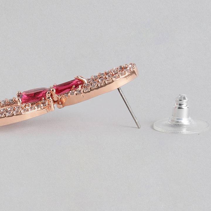 Estele Rose Gold Plated Cz Circular Designer Drop Earrings With Tourmaline Pink Stones For Women : AD-702-RG-TPERER