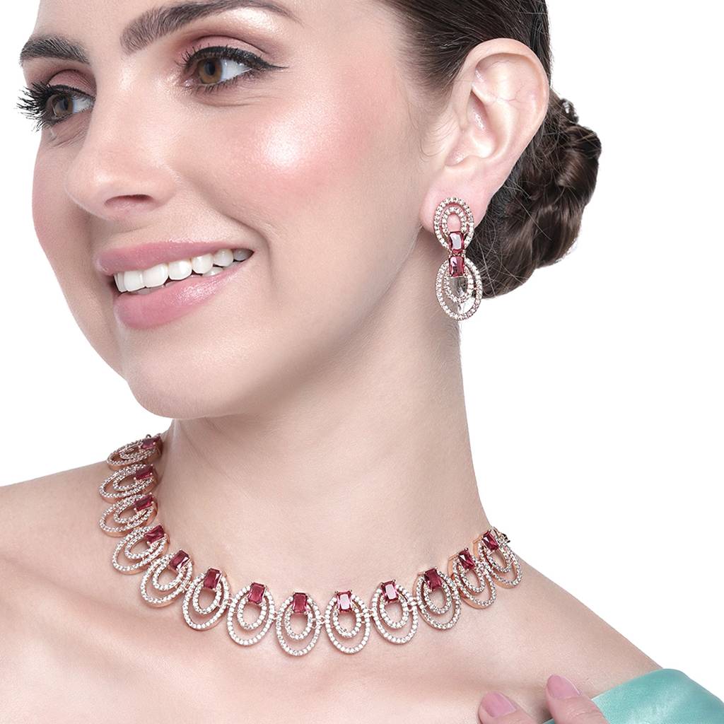 Estele Rose Gold Plated Cz Circular Designer Necklace Set With Tourmaline Pink Stones For Women : AD-702-RG-TPNKER