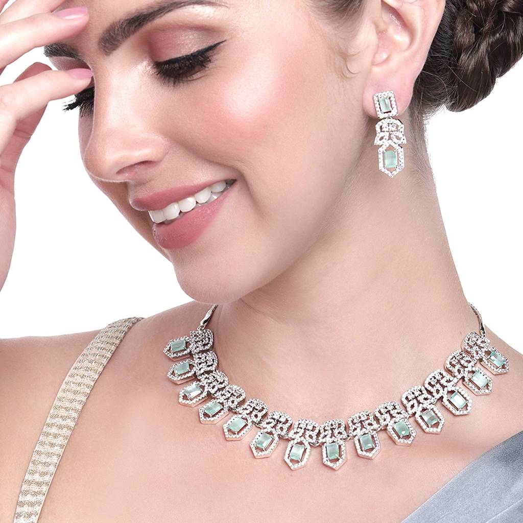 Estele Rhodium Plated Cz Shimmering Necklace Set With Mint Green Crystals For Women : AD-703-IR-MGNKER