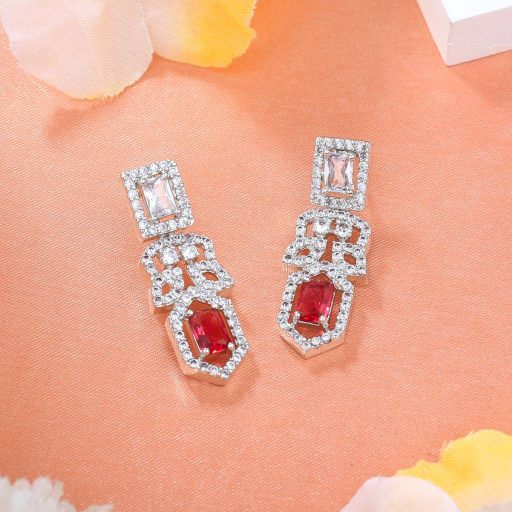 Estele Rhodium Plated Cz Sparkling Designer Earrings With Tourmaline Pink Crystals For Women : AD-703-IR-TPERER