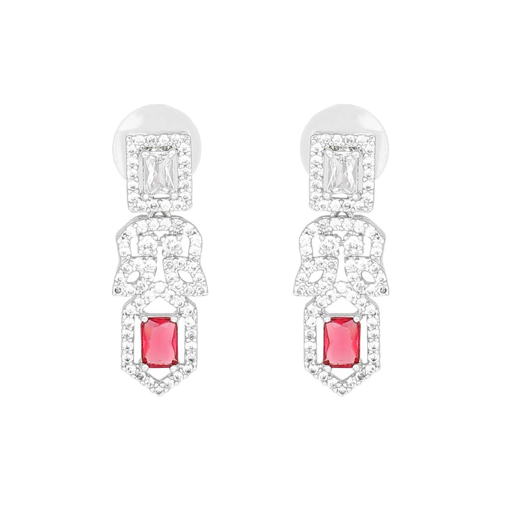Estele Rhodium Plated Cz Sparkling Designer Earrings With Tourmaline Pink Crystals For Women : AD-703-IR-TPERER