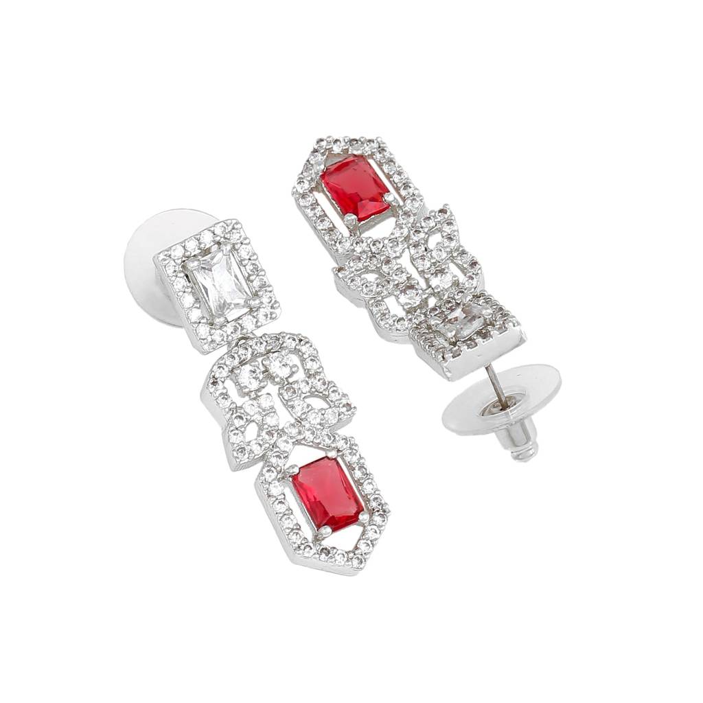 Estele Rhodium Plated Cz Sparkling Designer Earrings With Tourmaline Pink Crystals For Women : AD-703-IR-TPERER