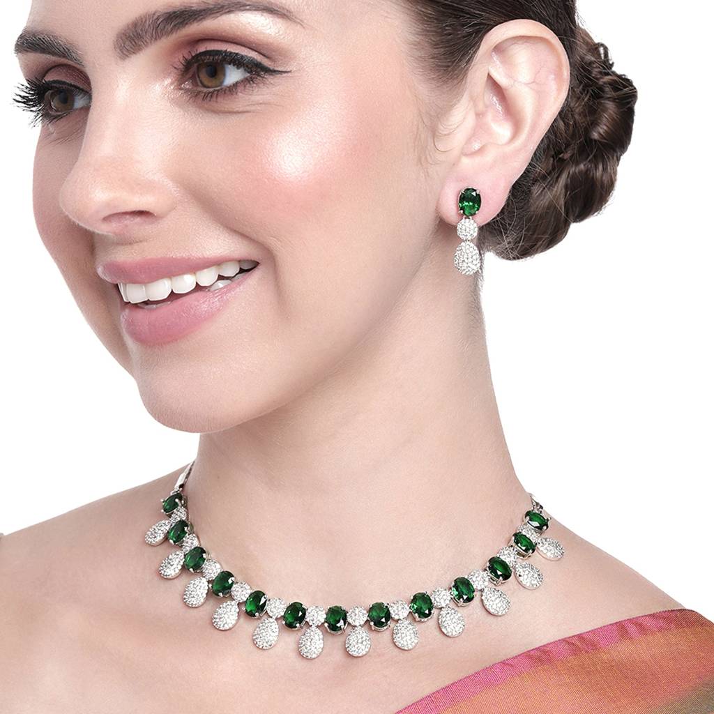 Estele Rhodium Plated Cz Drop Designer Necklace Set With Green Stones For Women : AD-704-IR-GNNKER