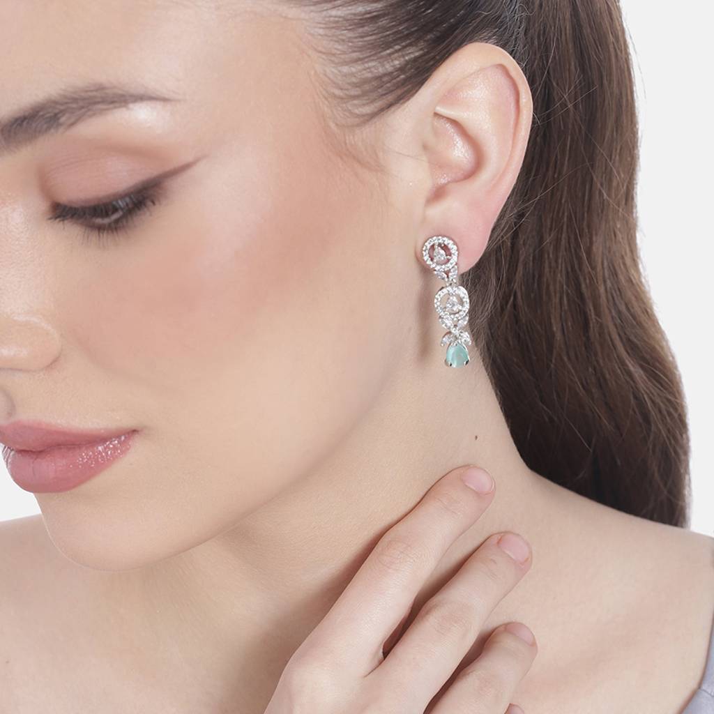 Estele Rhodium Plated Cz Classic Designer Drop Earrings With Mint Green Stones For Women : AD-706-IR-MGERER