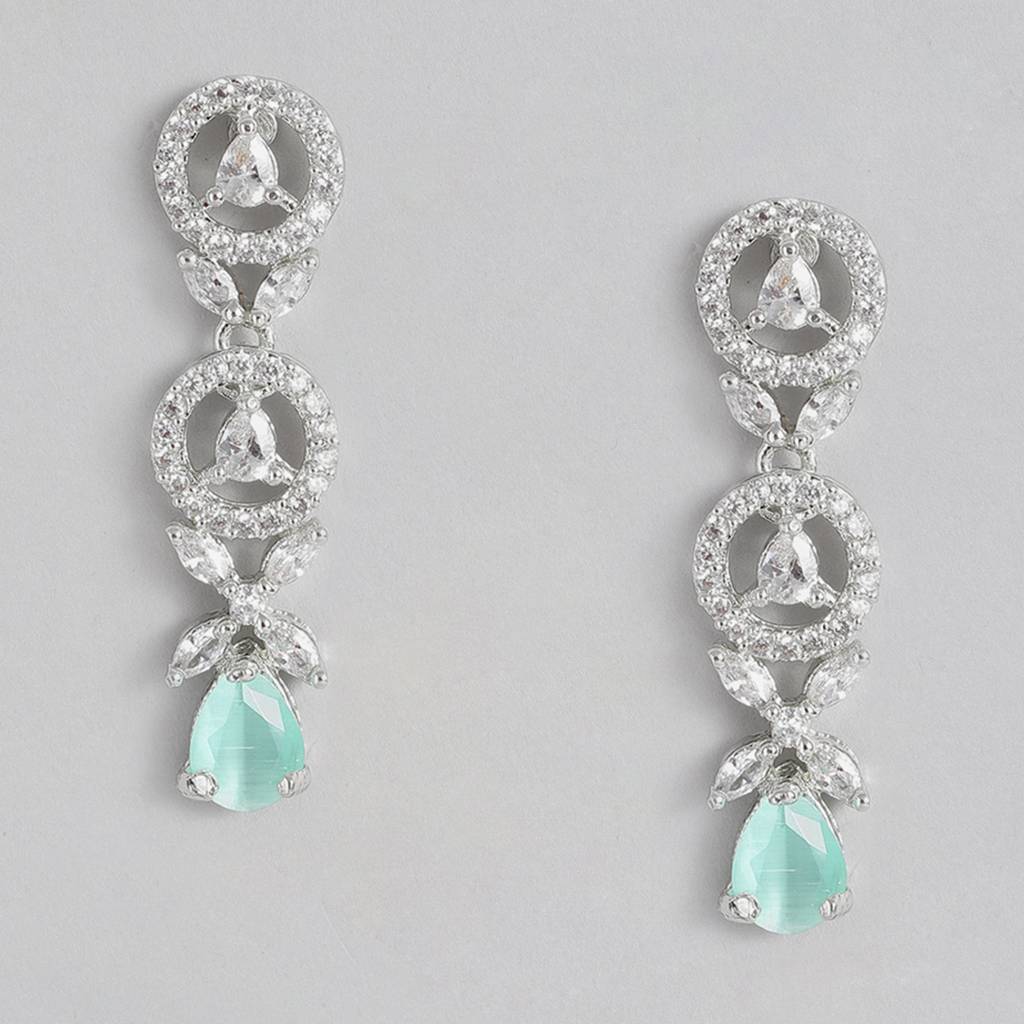 Estele Rhodium Plated Cz Classic Designer Drop Earrings With Mint Green Stones For Women : AD-706-IR-MGERER