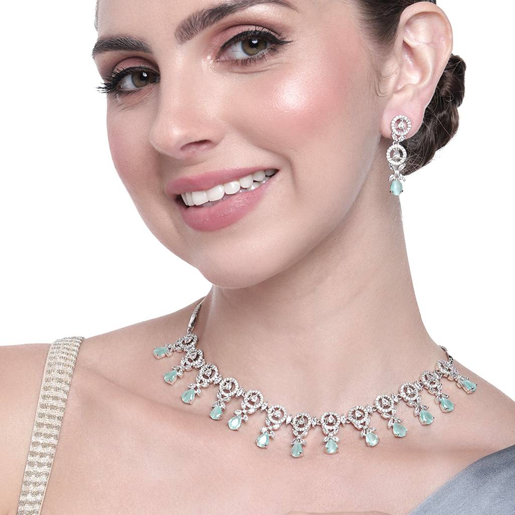 Estele Rhodium Plated Cz Circular Designer Necklace Set With Mint Green Crystals For Women : AD-706-IR-MGNKER