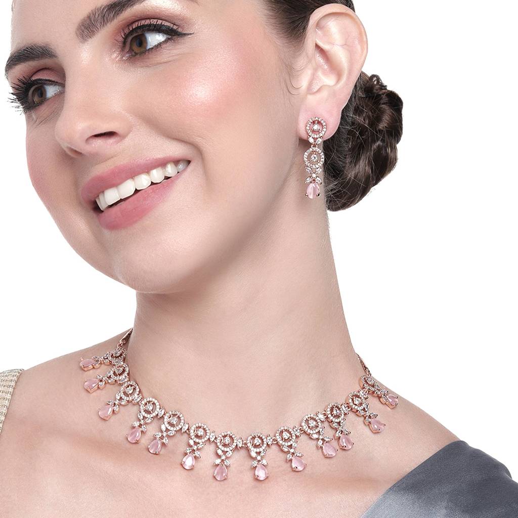 Estele Rose Gold Plated Cz Circular Designer Necklace Set With Mint Pink Crystals For Women : AD-706-RG-MPNKER