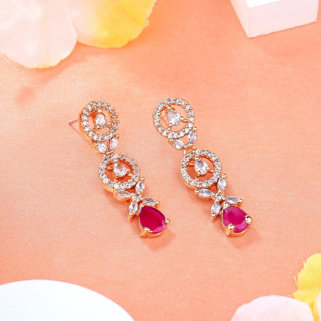 Estele Rose Gold Plated Cz Circular Designer Drop Earrings With Ruby Stones For Women : AD-706-RG-RBERER