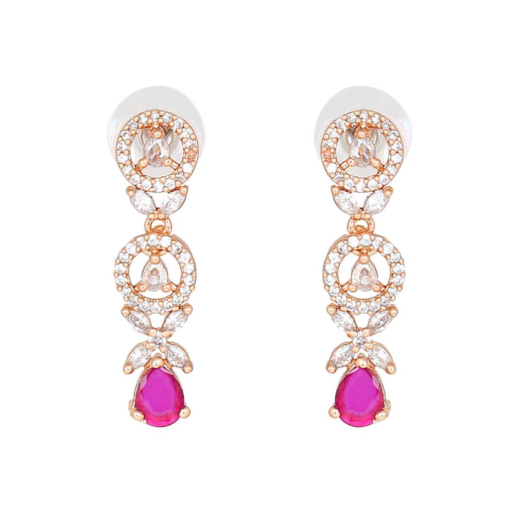 Estele Rose Gold Plated Cz Circular Designer Drop Earrings With Ruby Stones For Women : AD-706-RG-RBERER