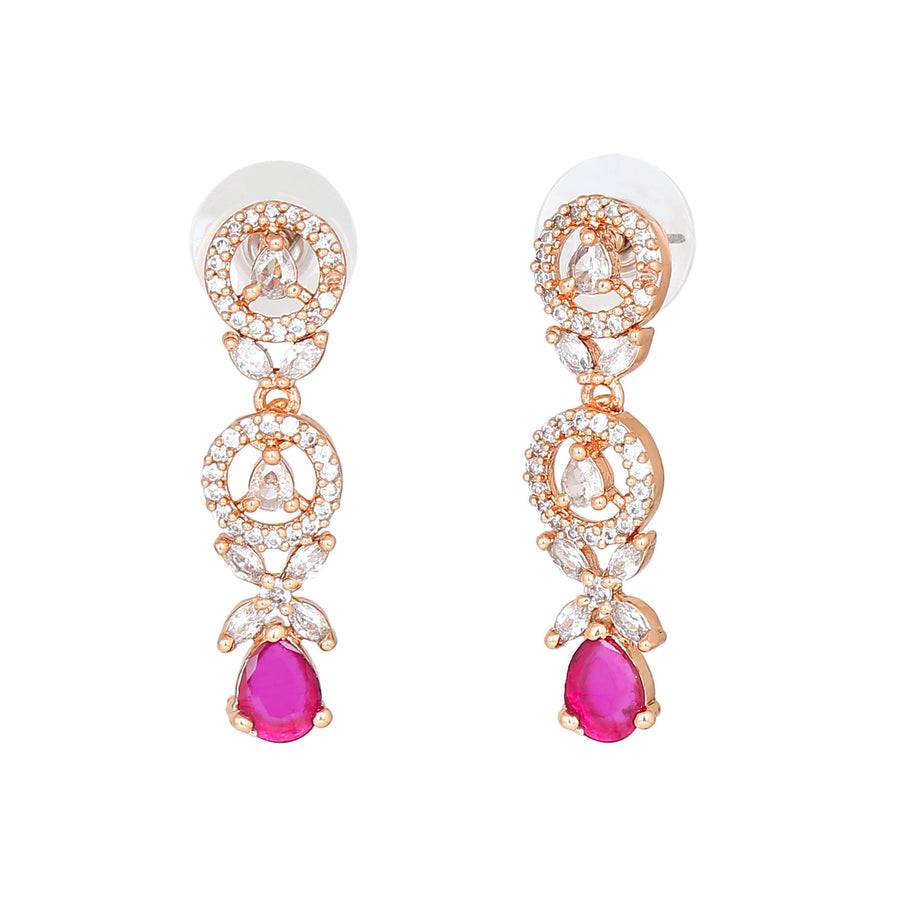 Estele Rose Gold Plated Cz Circular Designer Drop Earrings With Ruby Stones For Women : AD-706-RG-RBERER
