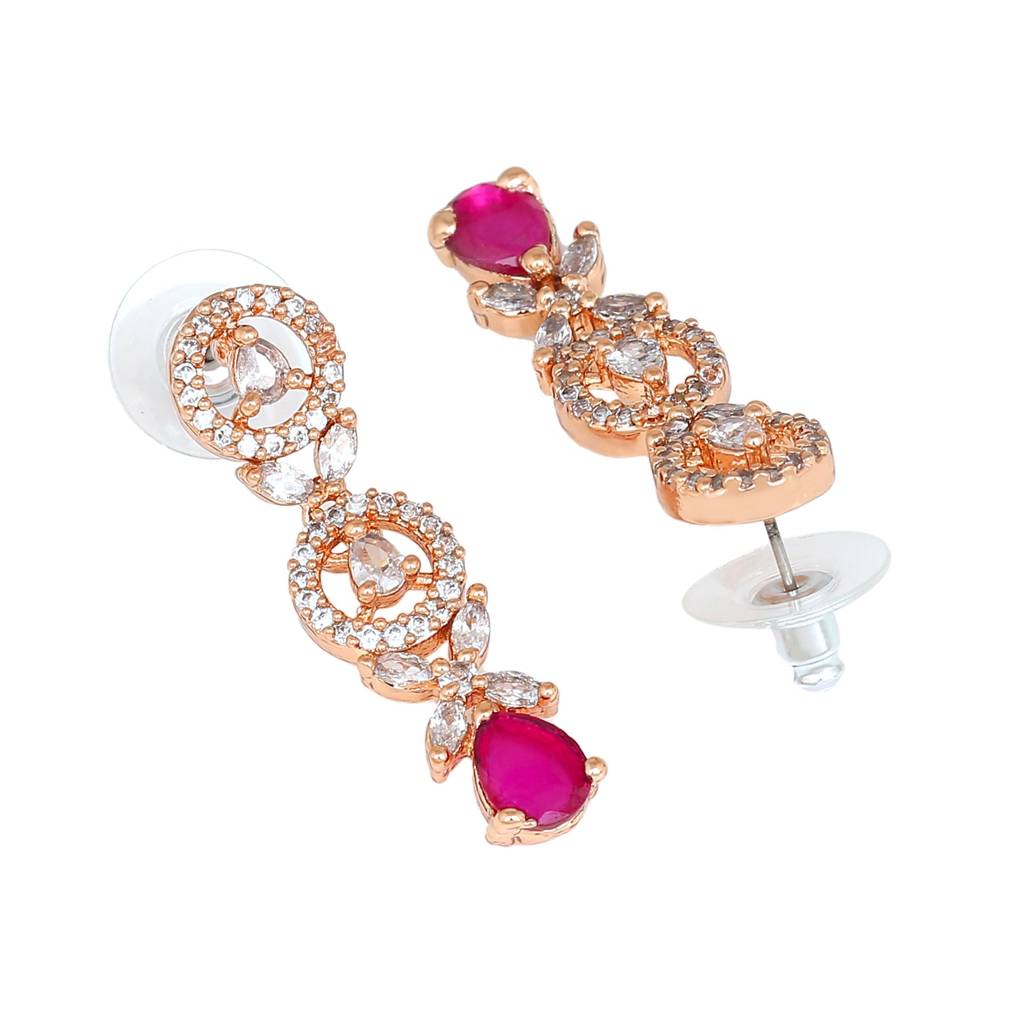 Estele Rose Gold Plated Cz Circular Designer Drop Earrings With Ruby Stones For Women : AD-706-RG-RBERER