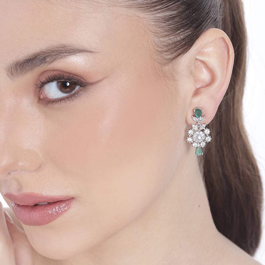 Estele Rhodium Plated Cz Ravishing Drop Earrings With Green Stones For Women : AD-708-IR-GNERER