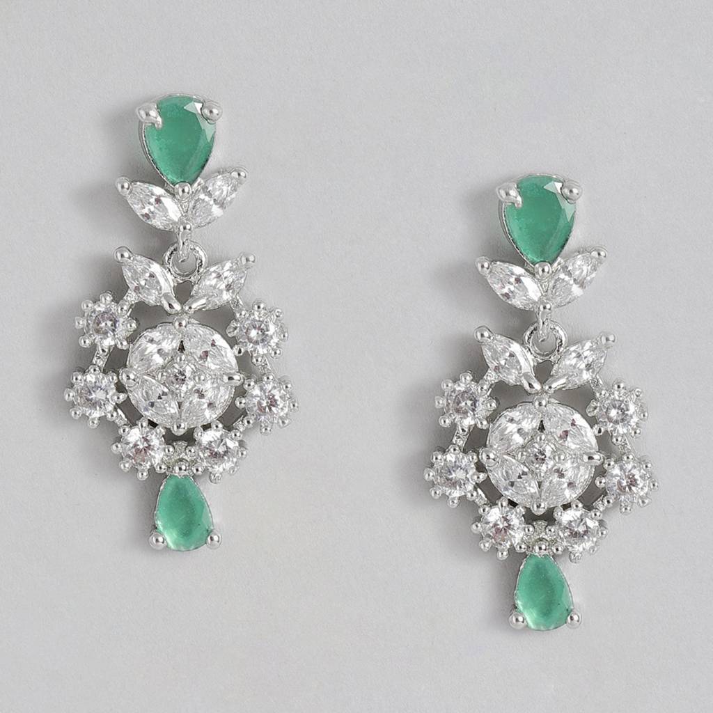 Estele Rhodium Plated Cz Ravishing Drop Earrings With Green Stones For Women : AD-708-IR-GNERER